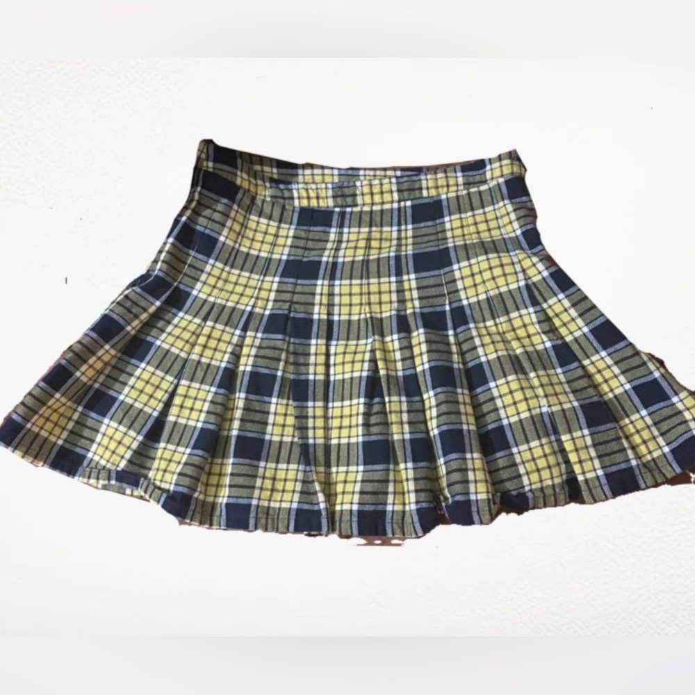 yellow and navy plaid pleated skirt